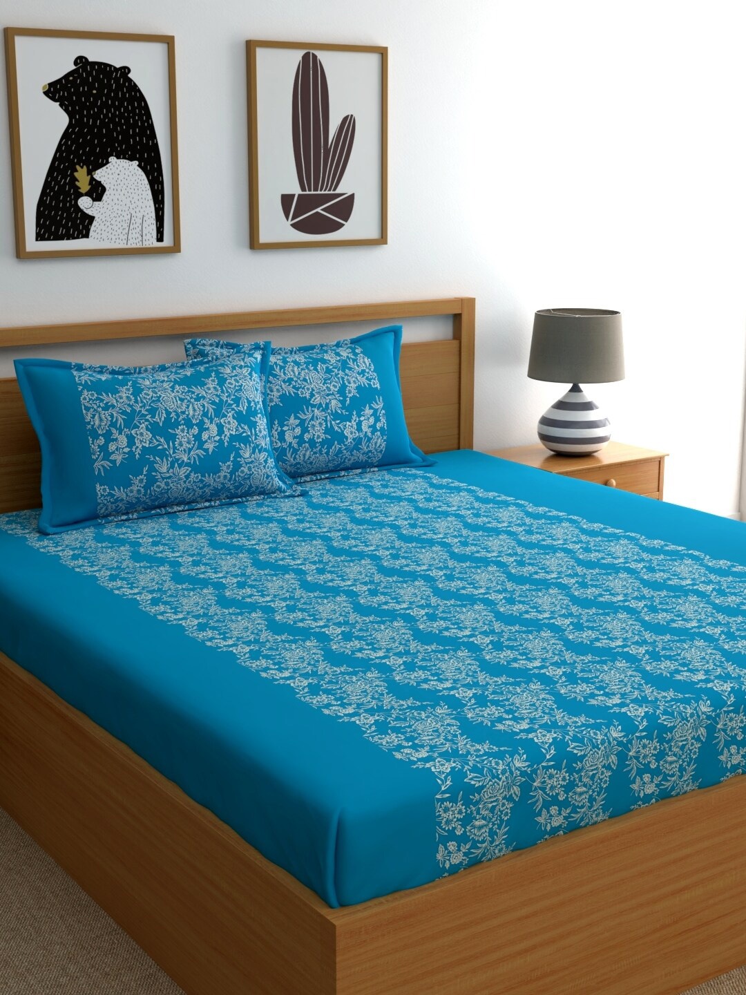 

Home Ecstasy Blue Floral 160 TC Cotton 1 Queen Bedsheet with 2 Pillow Covers
