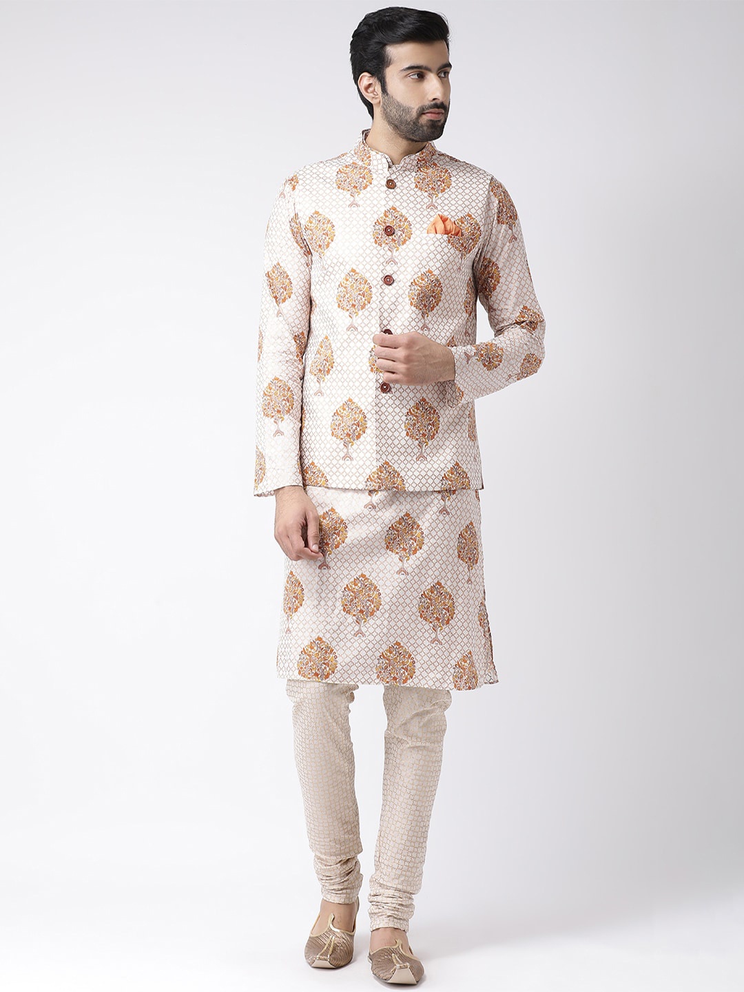 

Vartah Men Cream-Coloured Printed Kurta Set with Nehru Jacket