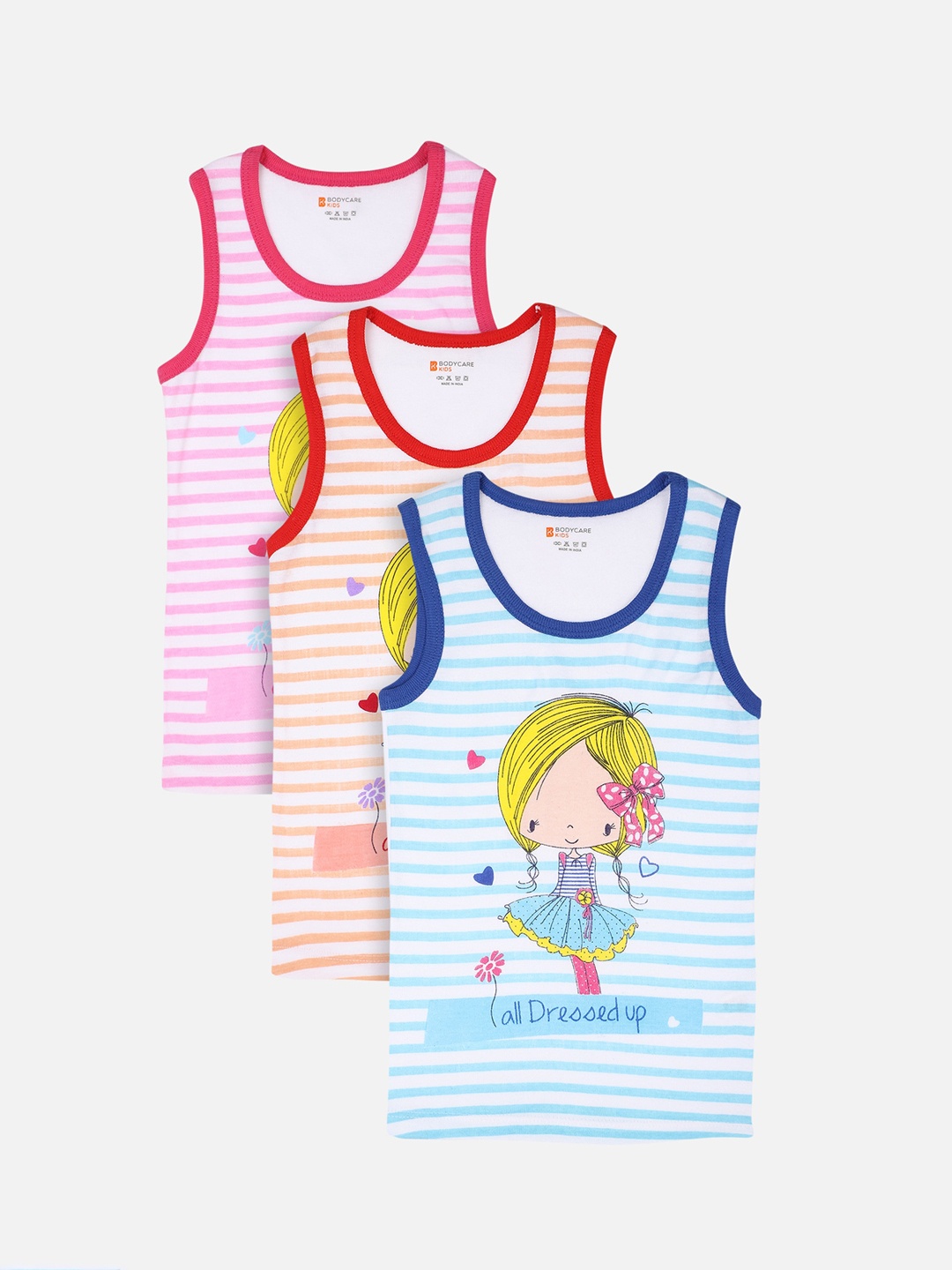 

Bodycare Kids Girls Pack Of 3 Pink & Red Striped Innerwear Vest KIA472-PK002