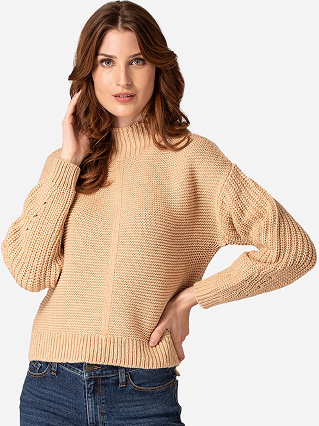 

Mode by Red Tape Women Beige Self Design Knitted Pullover