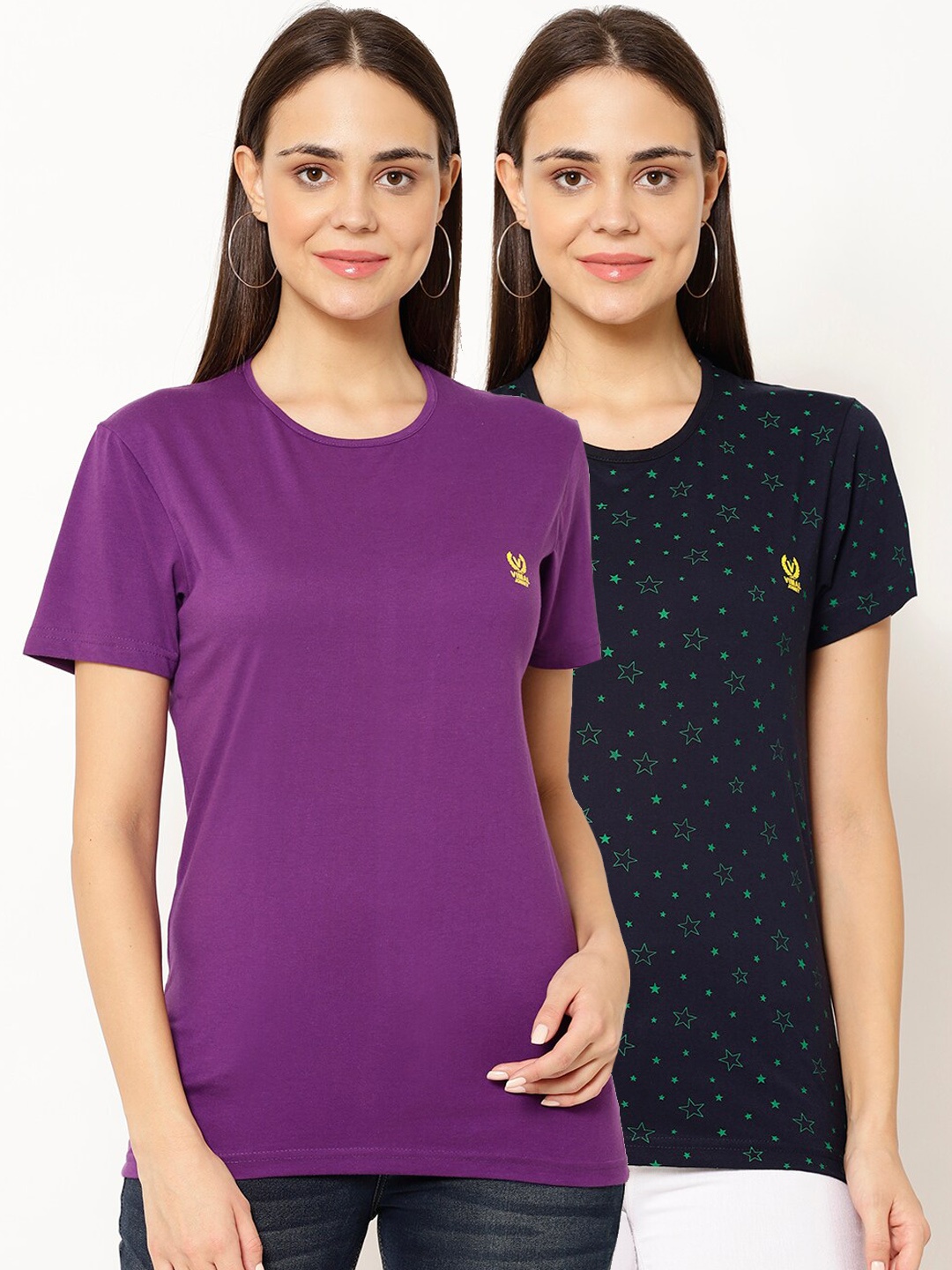 MACK JONNEY Women Multicoloured Pack of 2 Solid Round Neck T-shirt, Multi