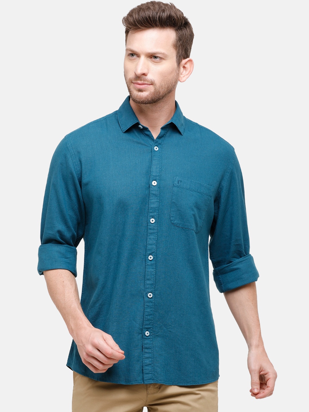 

CAVALLO by Linen Club Men Cotton Linen Blue Regular Fit Solid Casual Shirt