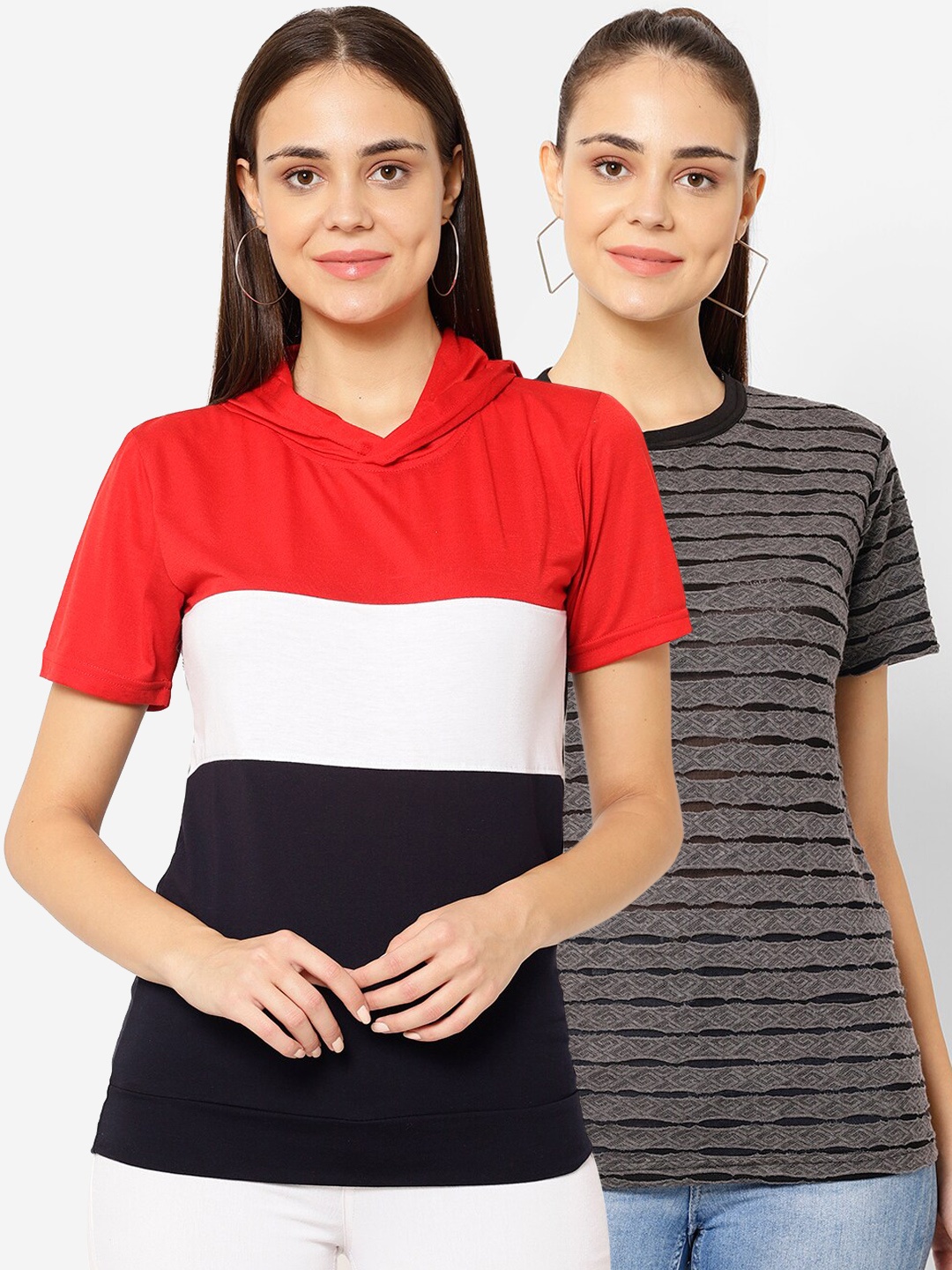 

VIMAL JONNEY Women Multicoloured Pack of 2 Striped T-shirt, Multi
