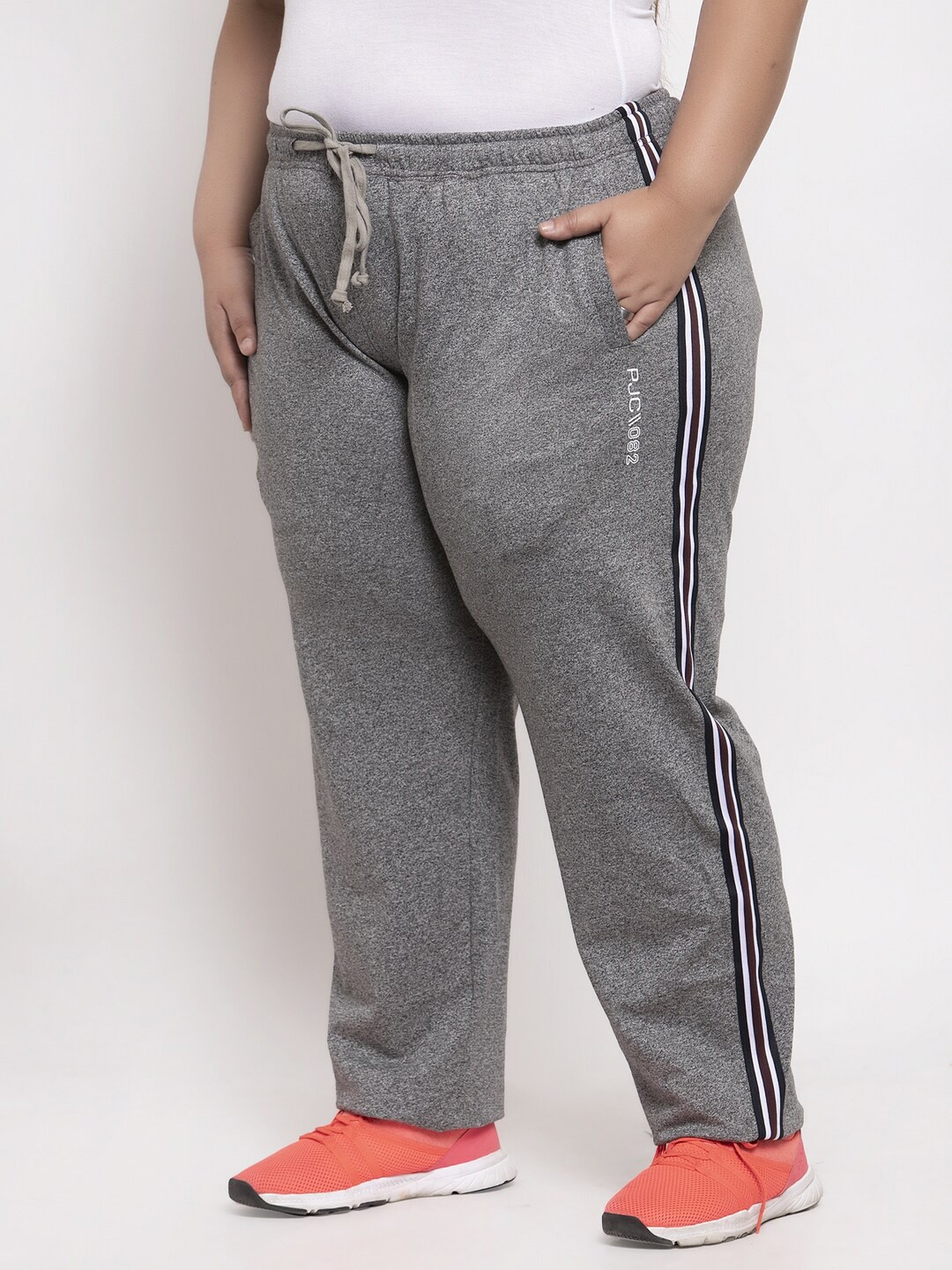 

plusS Women Grey-Melange Solid Straight-Fit Track Pants