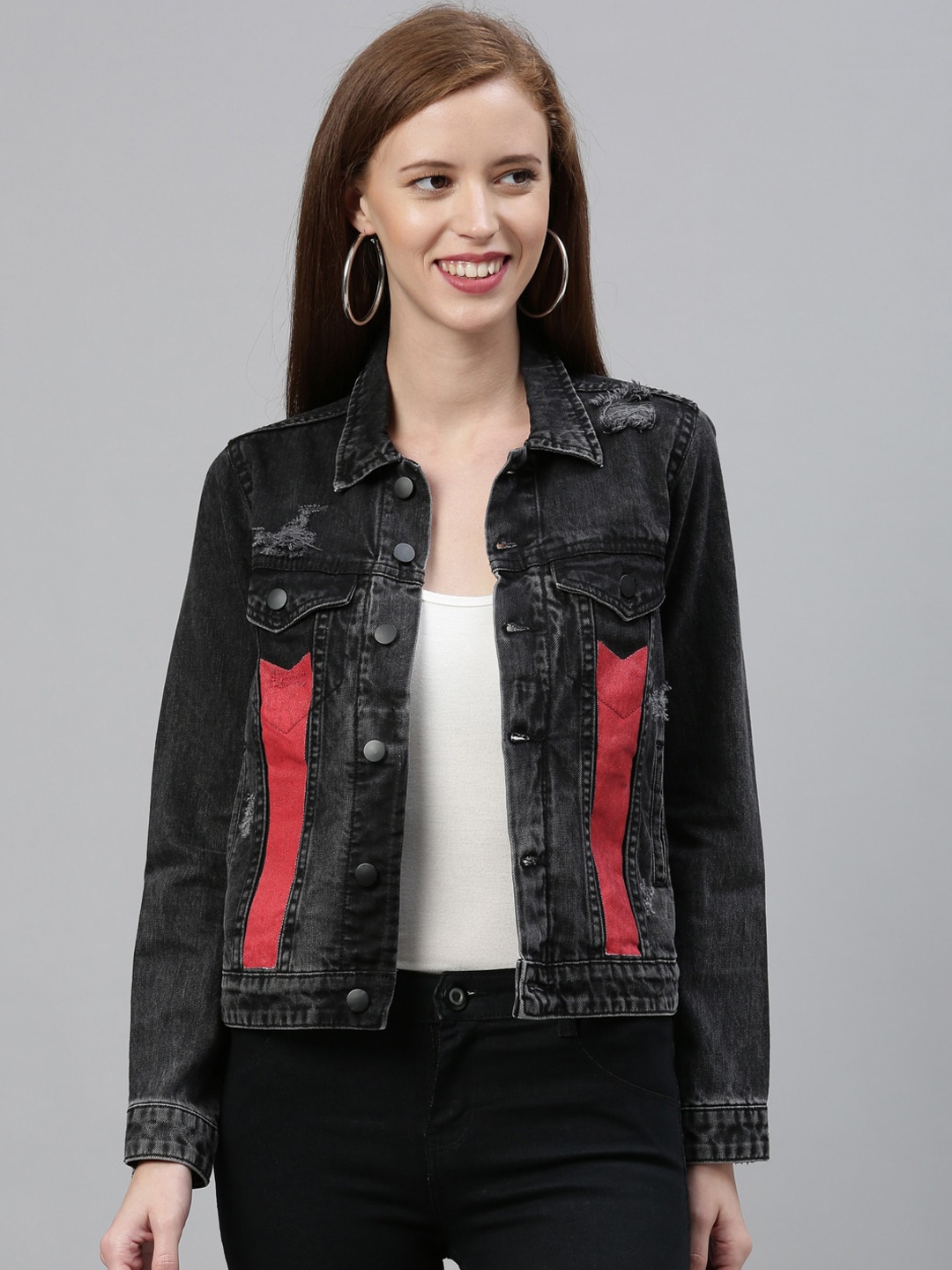 

ZHEIA Women Black Solid Denim Jacket