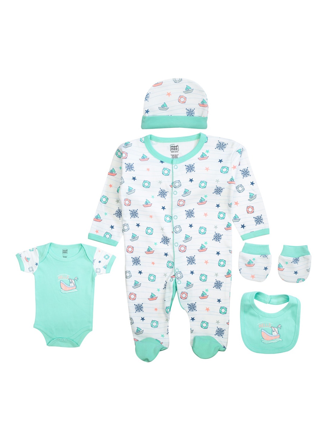 

MeeMee Infant Kids 6 Pieces Green & White Printed Clothing Set