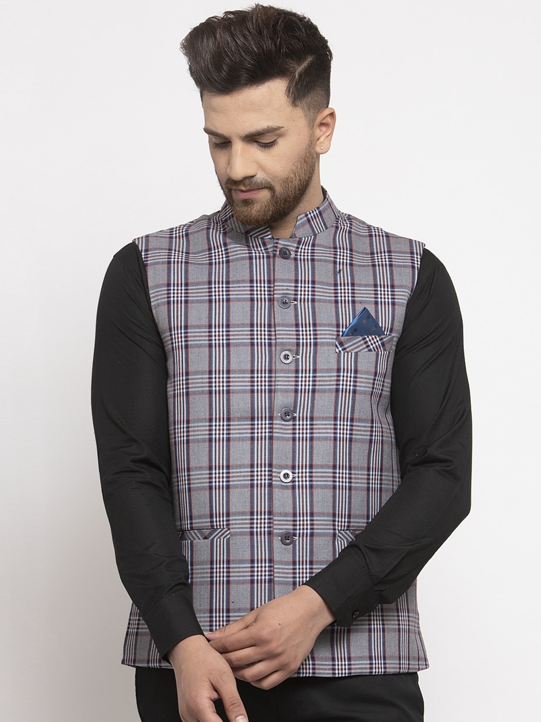 

NEUDIS Men Grey & Black Checked Nehru Jacket