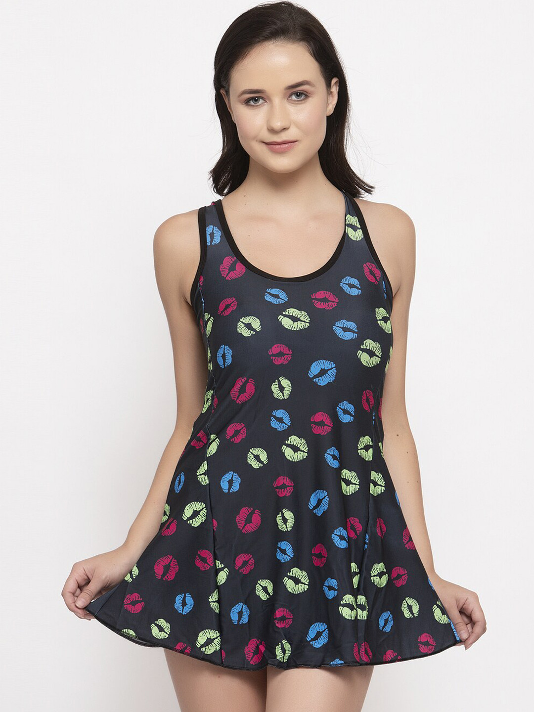 

CUKOO Women Black & Green Printed Padded Swimming Dress with Attached Shorts