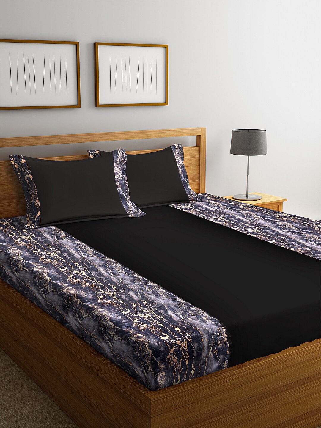 

DECOREALM Black Abstract 300 TC Poly Satin 1 Queen Bedsheet with 2 Pillow Covers