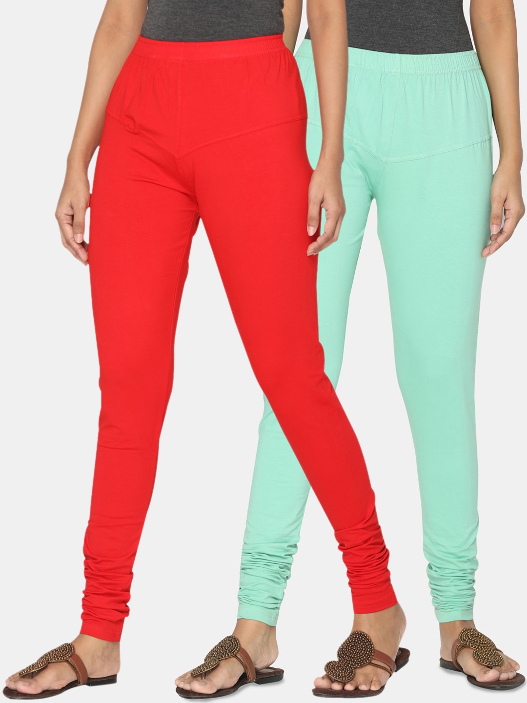 

TSG Bliss Women Pack Of 2 Solid Churidar-Length Leggings, Red