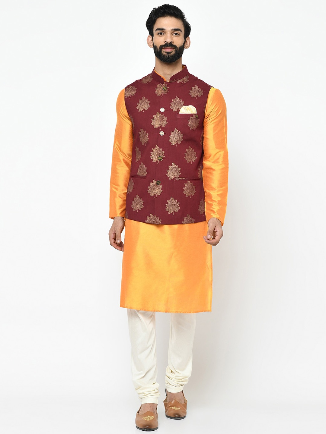

Vartah Men Orange & White Solid Kurta Set with Nehru Jacket