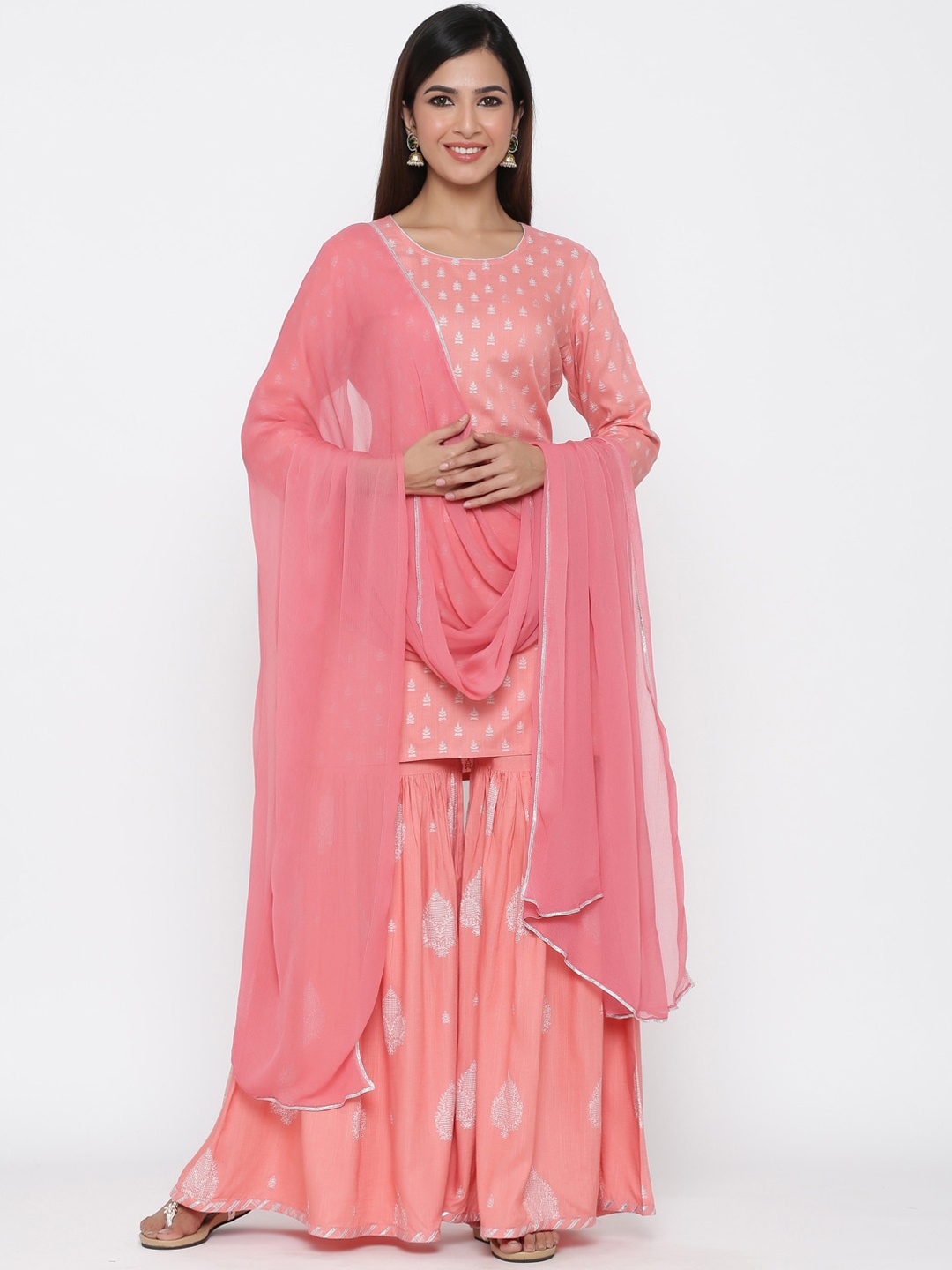 

Jaipur Kurti Women Peach-Coloured Printed Kurti with Sharara & Dupatta