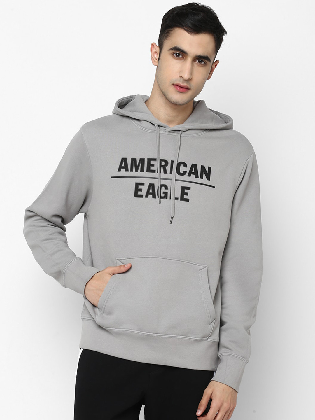 

AMERICAN EAGLE OUTFITTERS Men Grey Printed Hooded Sweatshirt
