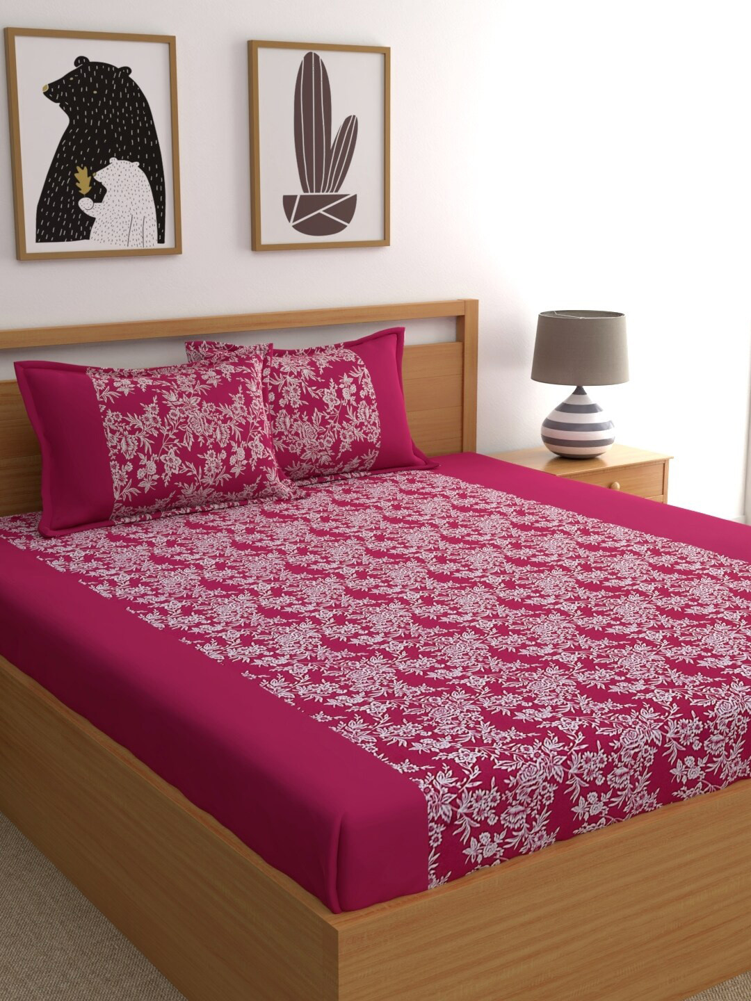 

Home Ecstasy Pink Floral 160 TC Cotton 1 Queen Bedsheet with 2 Pillow Covers