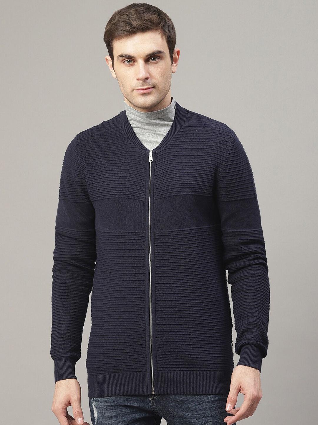 

LINDBERGH Men Blue Self Design Cardigan Sweater, Navy blue