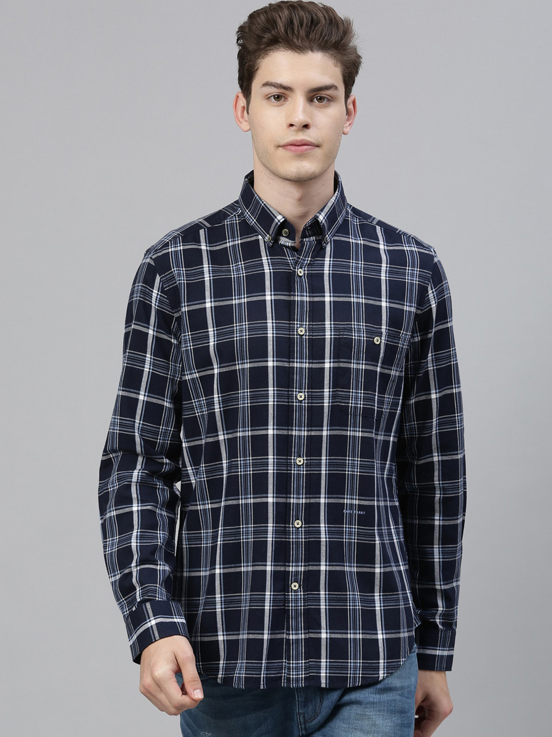 

RARE RABBIT Men Navy Blue Tailored Fit Checked Casual Shirt