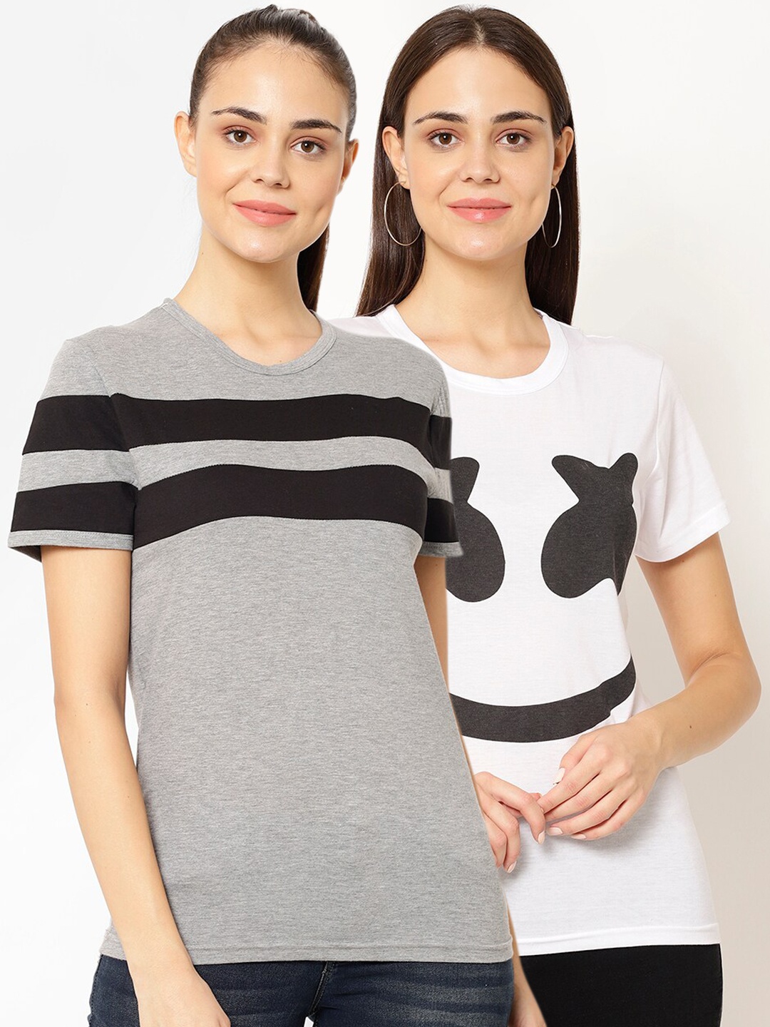 

VIMAL JONNEY Women Pack of 2 Printed Round Neck T-shirts, Grey
