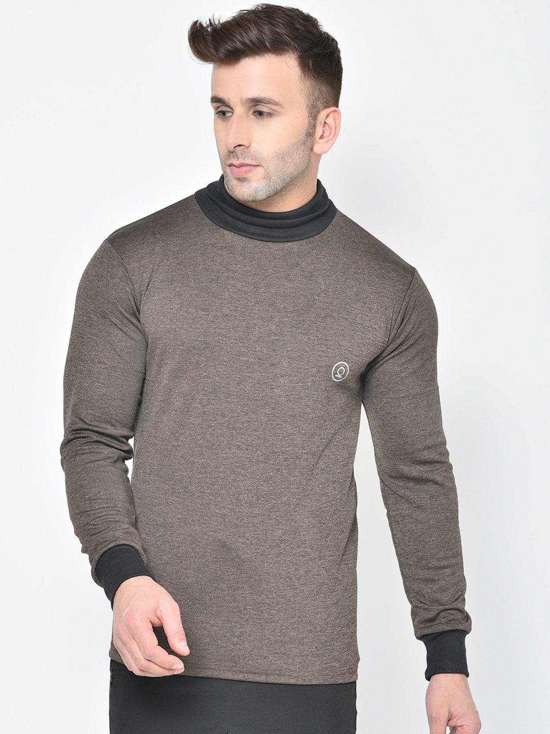 

CHKOKKO Men Brown Solid High Neck T-shirt