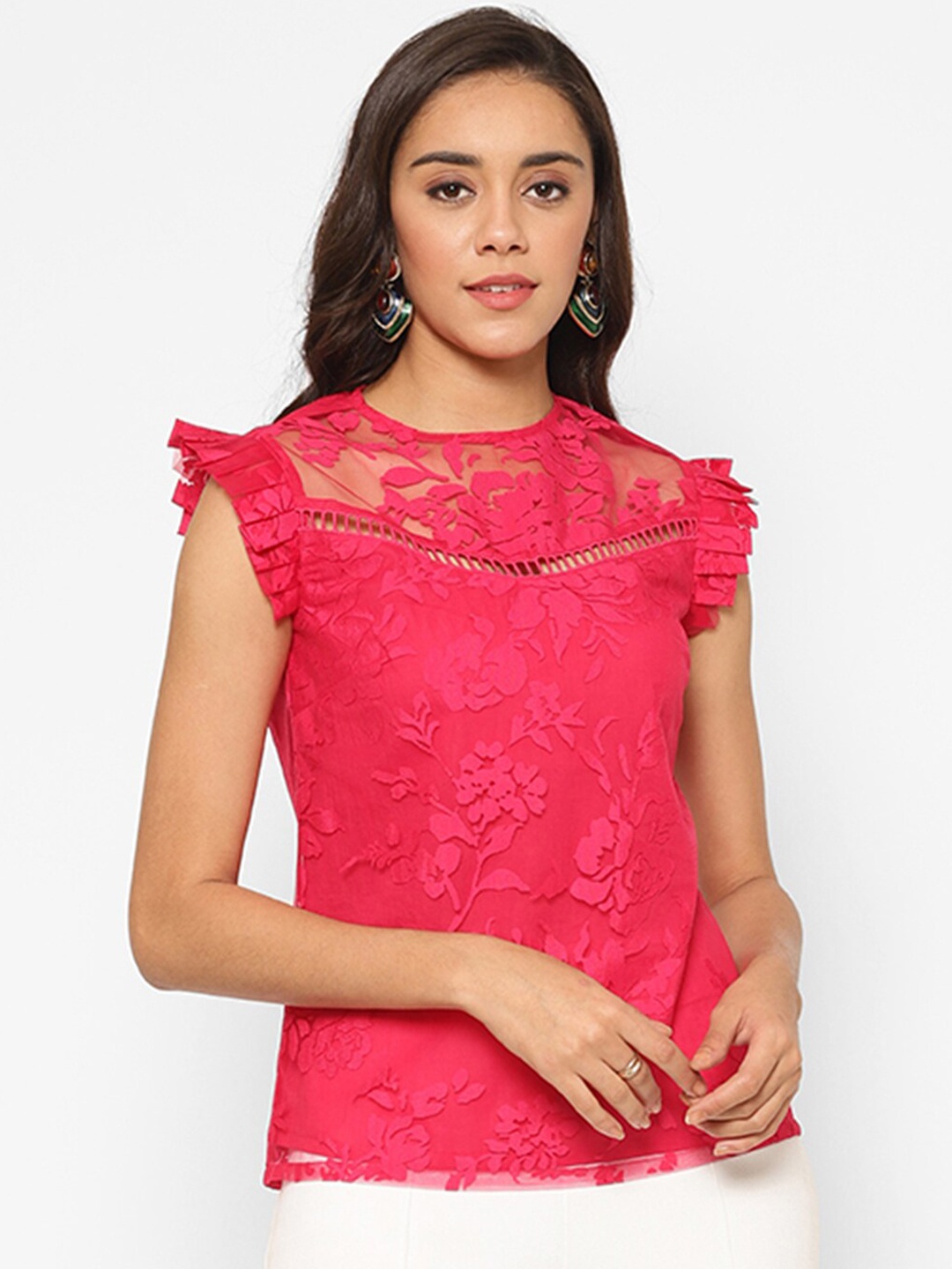 

HOUSE OF KKARMA Women Pink Floral Self Design Top