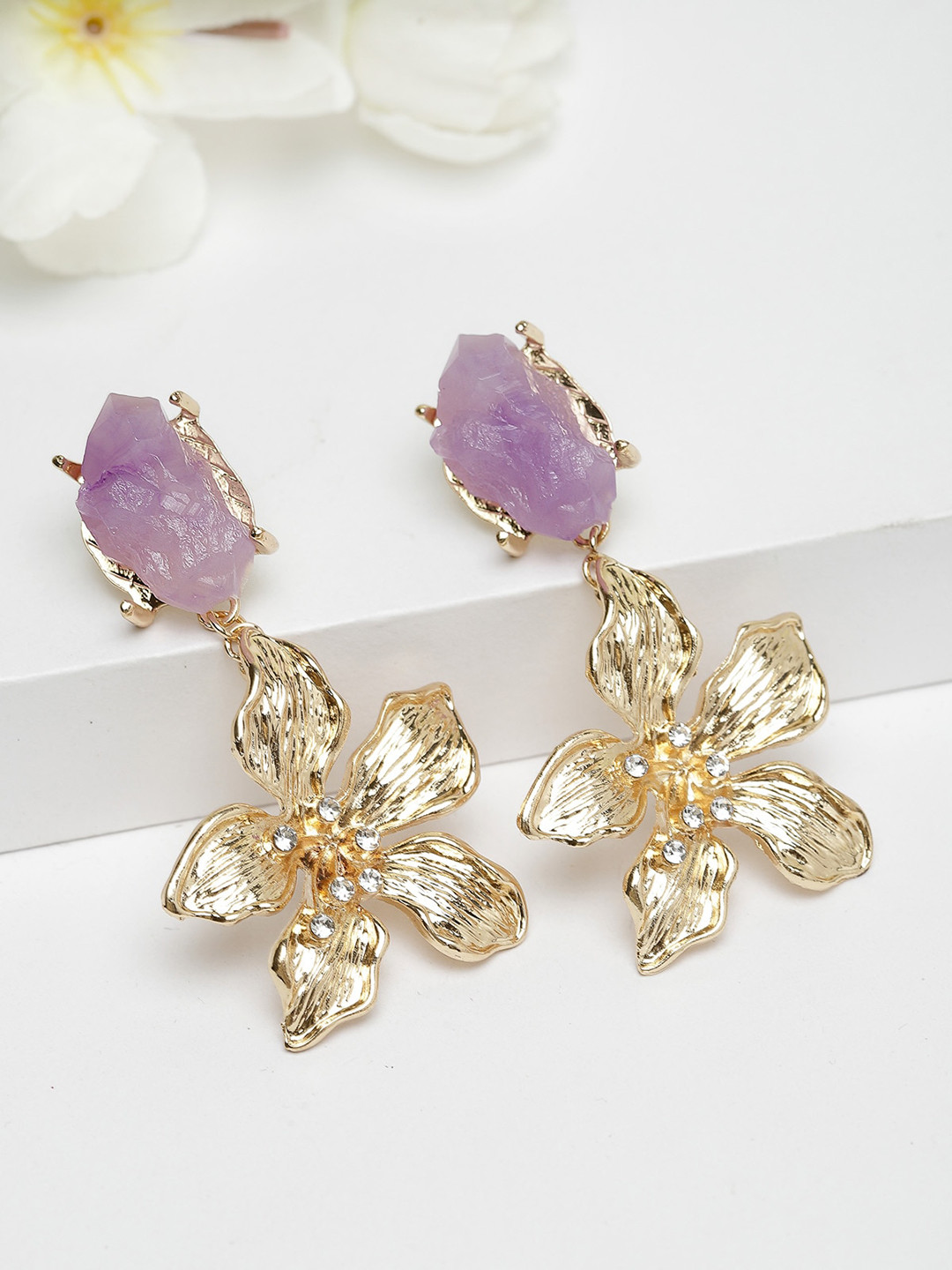 

AVANT-GARDE PARIS Lavender & Gold-Toned Floral Drop Earrings