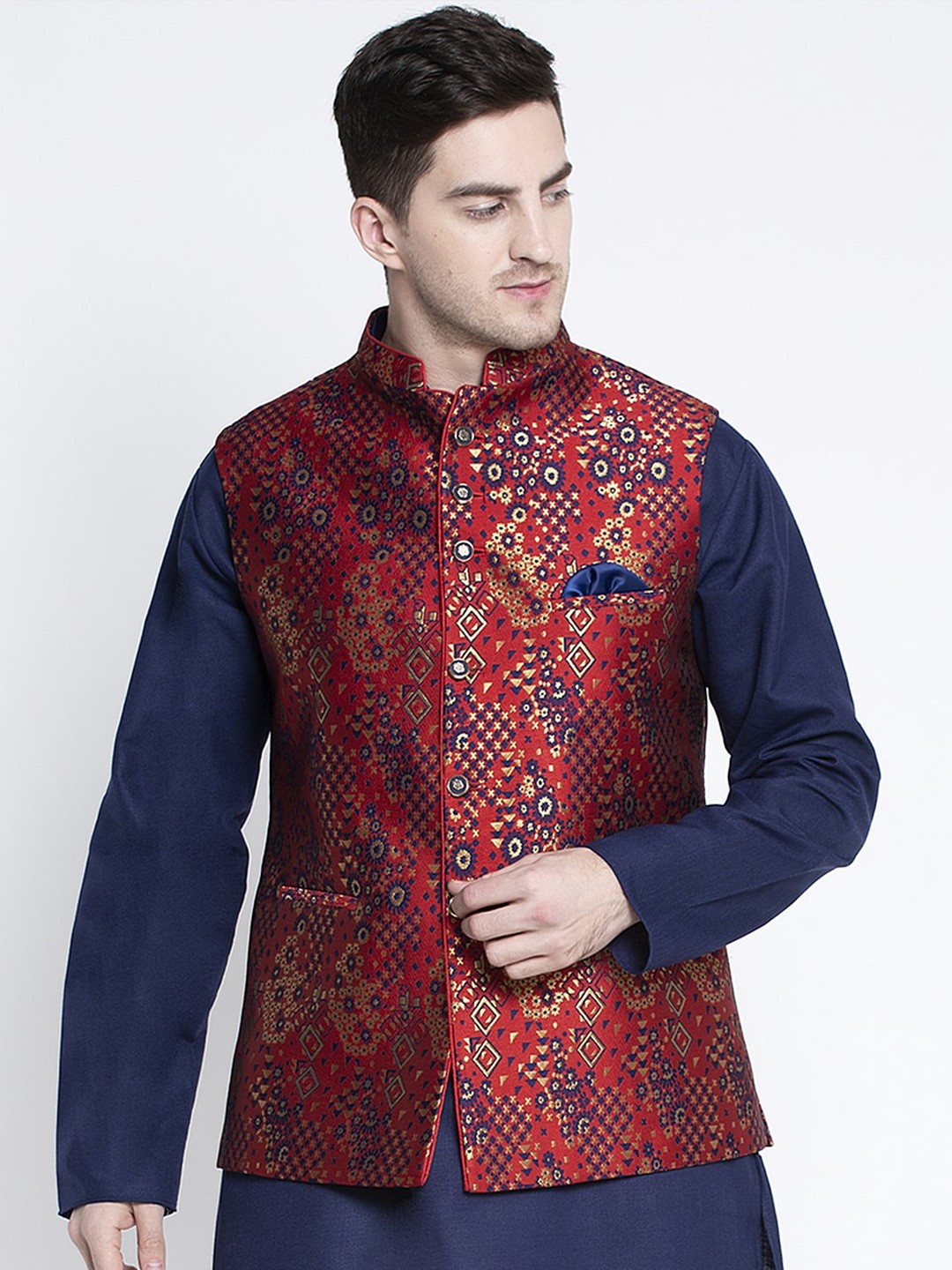 

MAXENCE Maroon Woven Design Pure Cotton Nehru jacket With Pocket Square