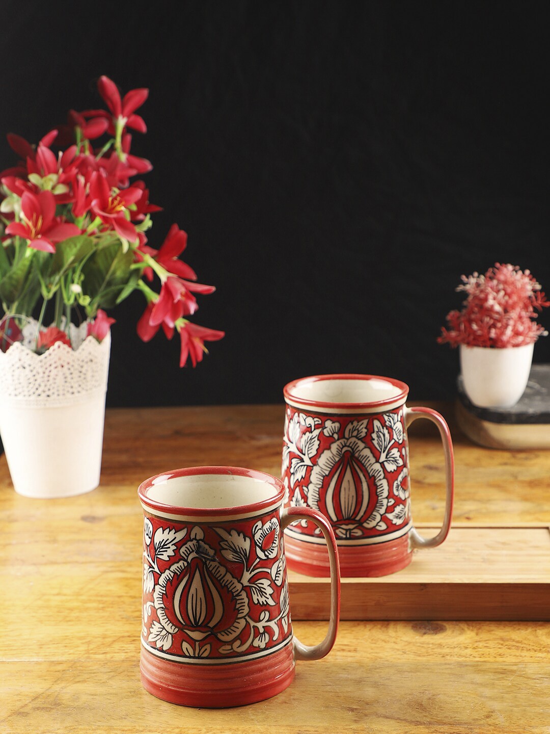 

CDI Set Of 2 Red & White Mughal Art Hand Printed Beer Mugs