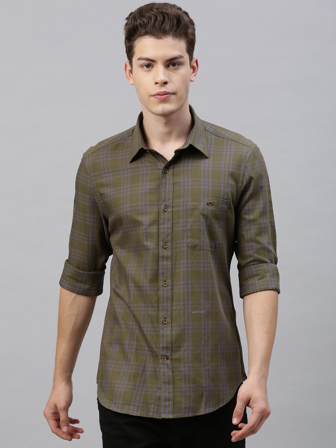 

RARE RABBIT Men Olive Green & Grey Tailored Fit Checked Casual Shirt