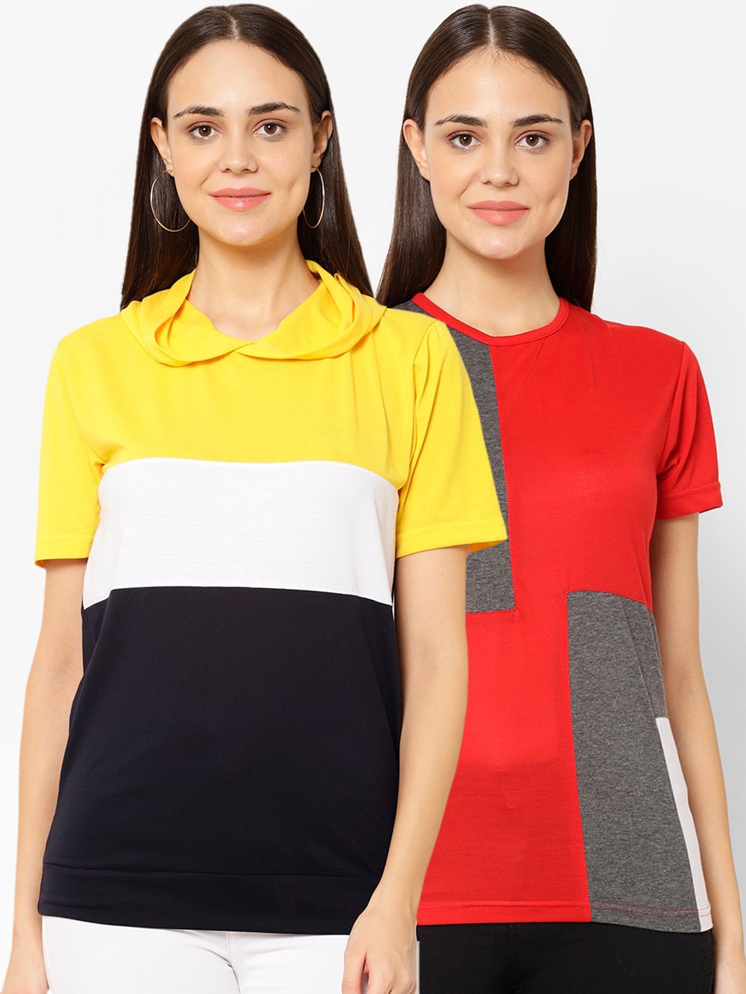 

VIMAL JONNEY Women Multicoloured Colourblocked Hood T-shirt, Multi
