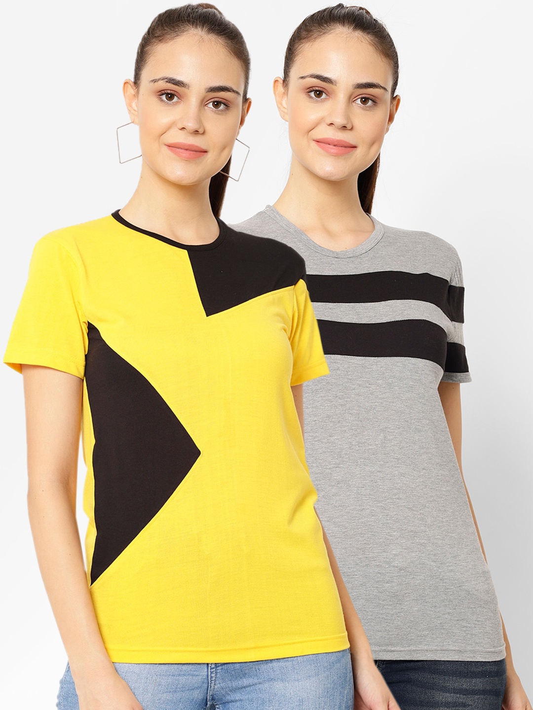 

VIMAL JONNEY Women Multicoloured Set of 2 Colorblocked Round Neck T-shirt, Multi