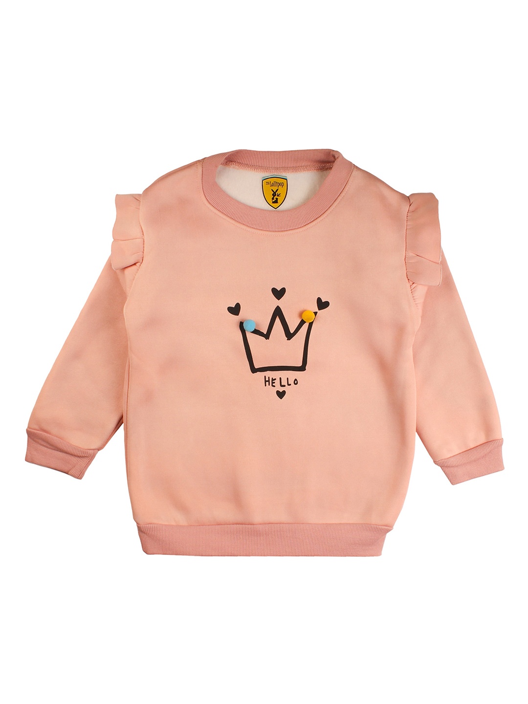 Lil Lollipop Girls Peach-Coloured & Black Crown Print Sweatshirt