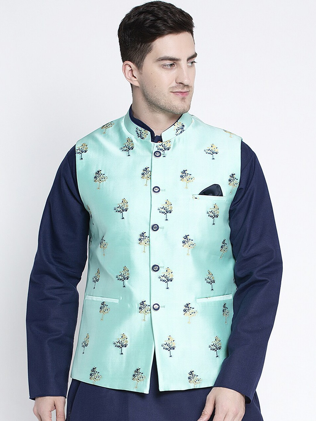 

MAXENCE Men Sea Green Woven Design Nehru Jacket
