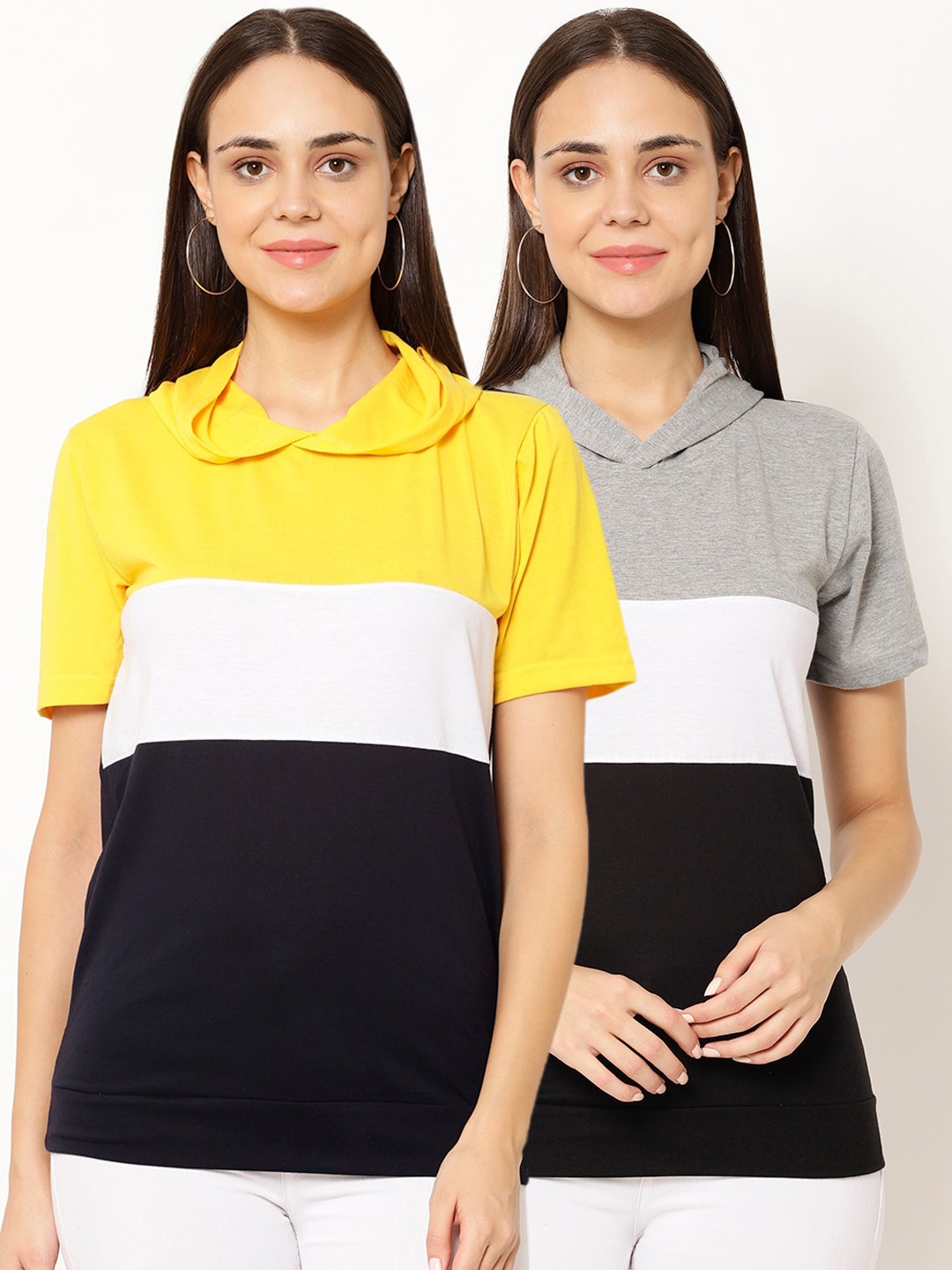 

VIMAL JONNEY Women Pack of 2 Colourblocked Polo Collar T-shirts, Black