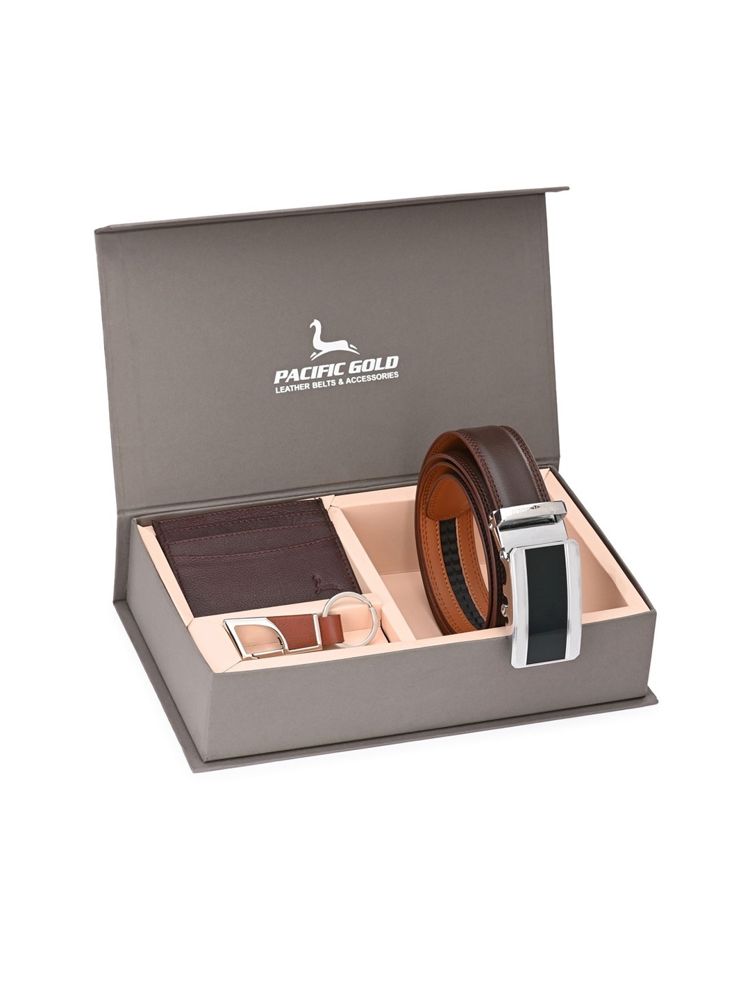 

Pacific Gold Men Brown & Silver-Toned Genuine Leather Accessory Gift Set