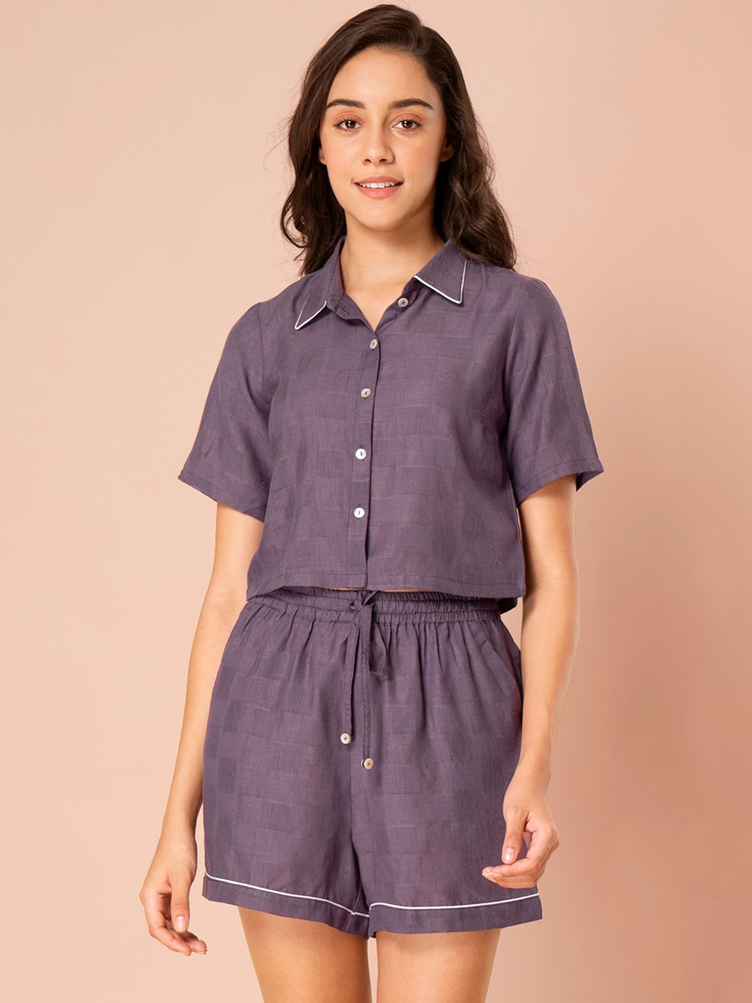 

INDYA Women Purple Checked Night Suit