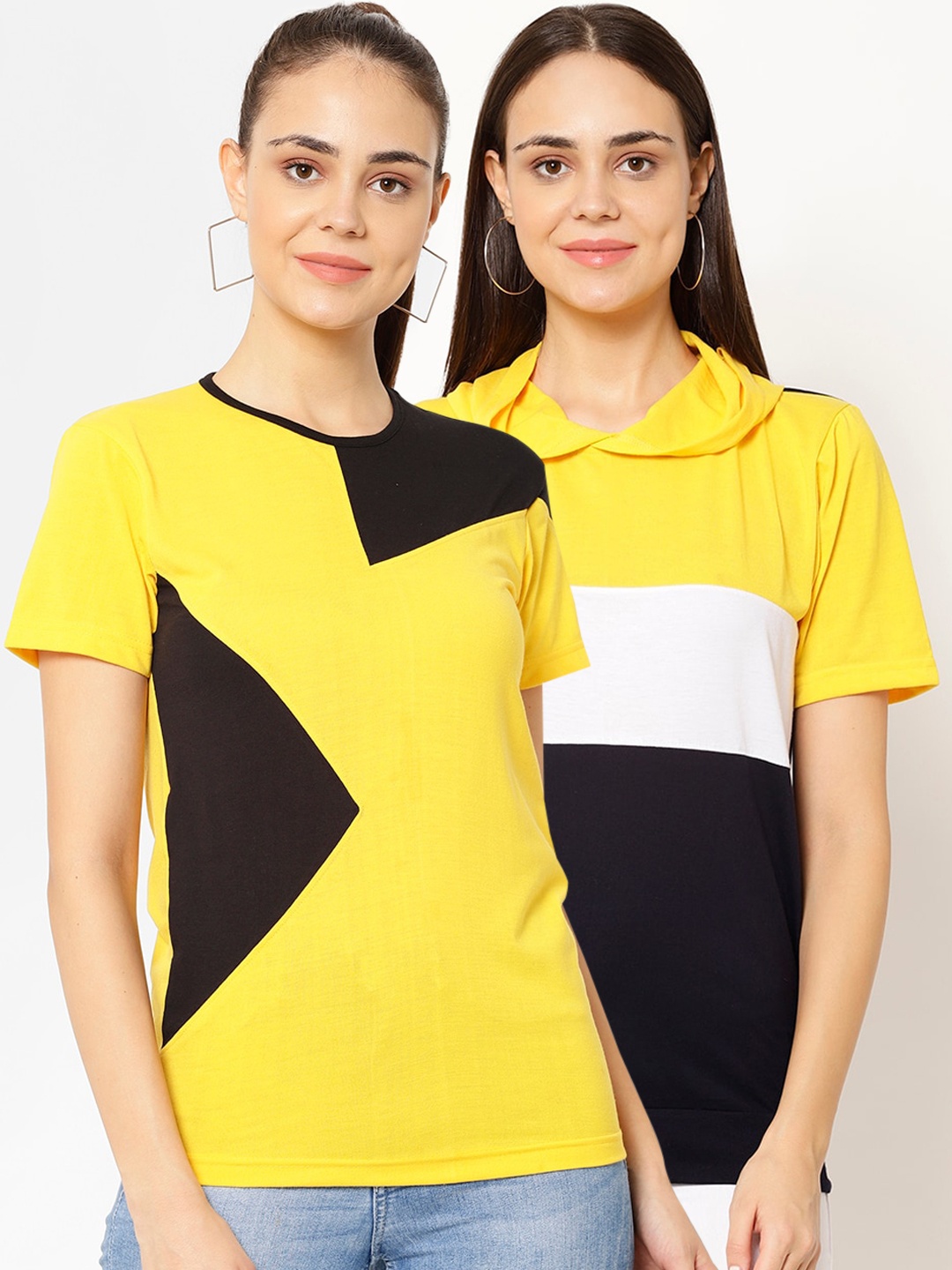 

VIMAL JONNEY Women Pack Of 2 Colourblocked Hood T-shirt, Yellow