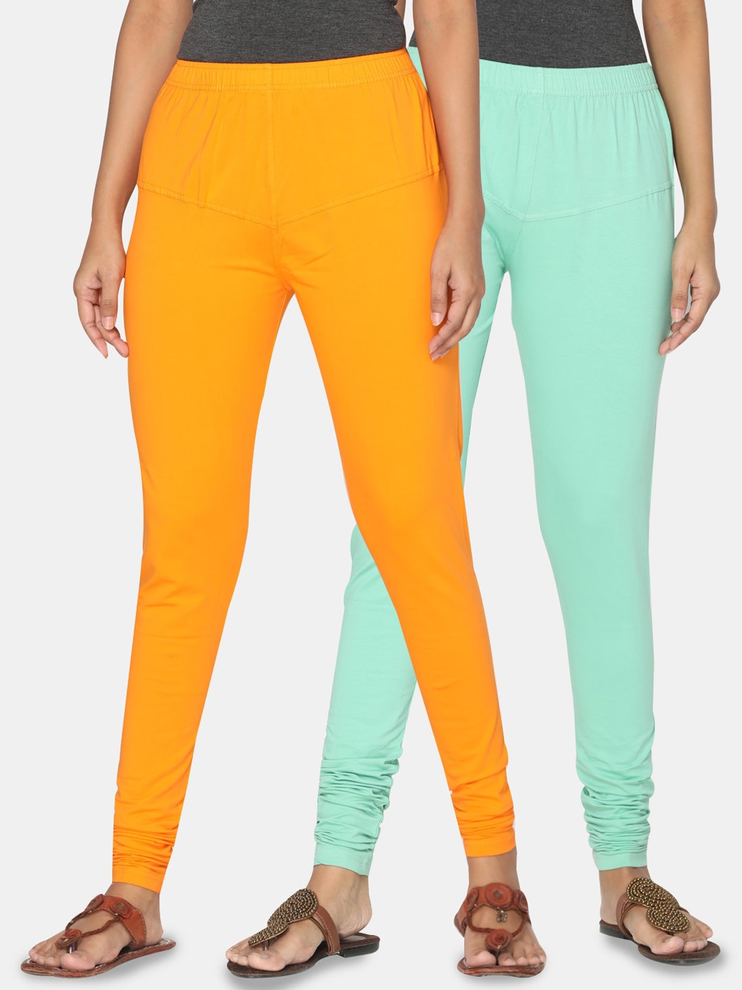 TSG Bliss Women Pack of 2 Solid Churidar Leggings, Orange