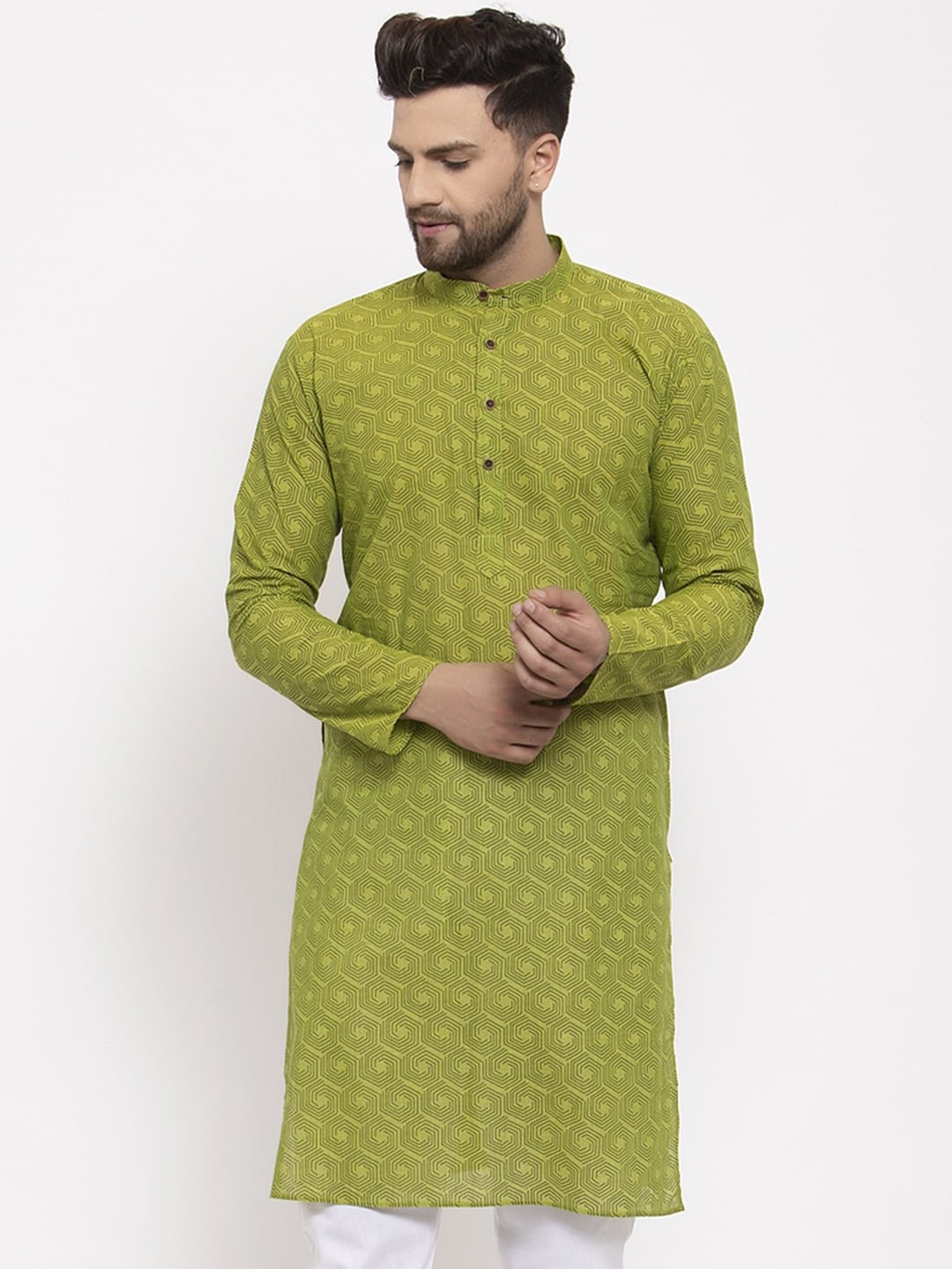 Jompers Gemetric Printed Band Collar Kurta, Green