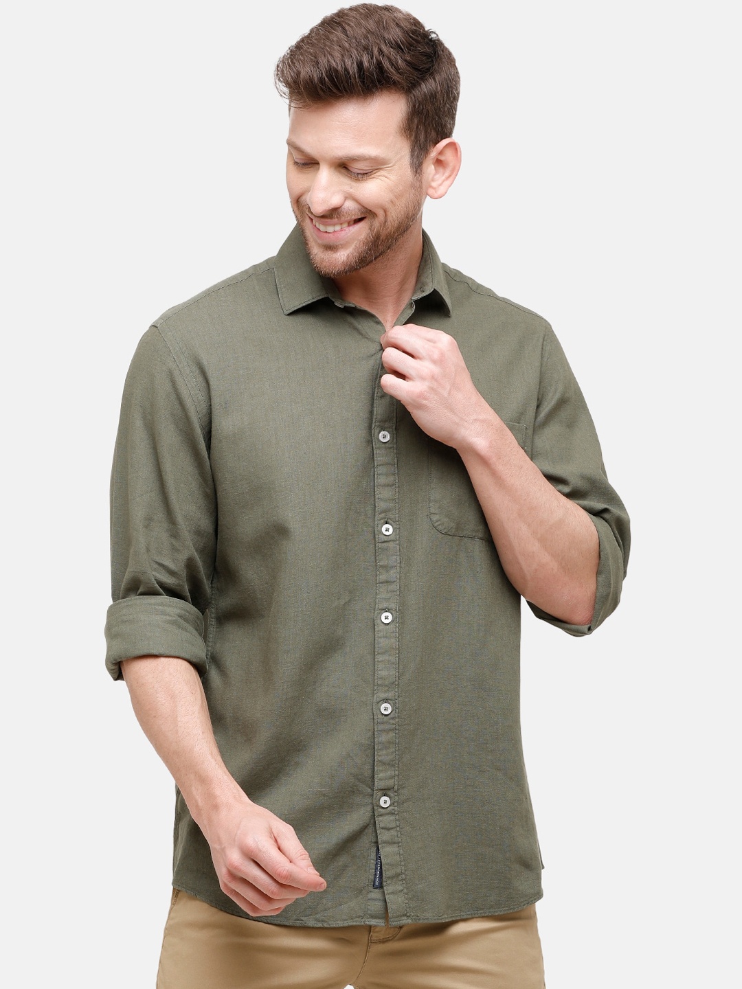 

CAVALLO by Linen Club Men Cotton Linen Olive Green Regular Fit Solid Casual Shirt