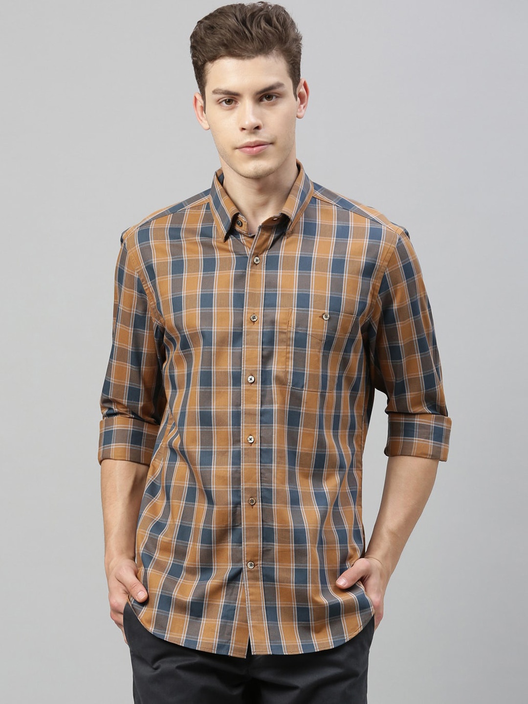 

RARE RABBIT Men Orange Tailored Fit Checked Casual Shirt
