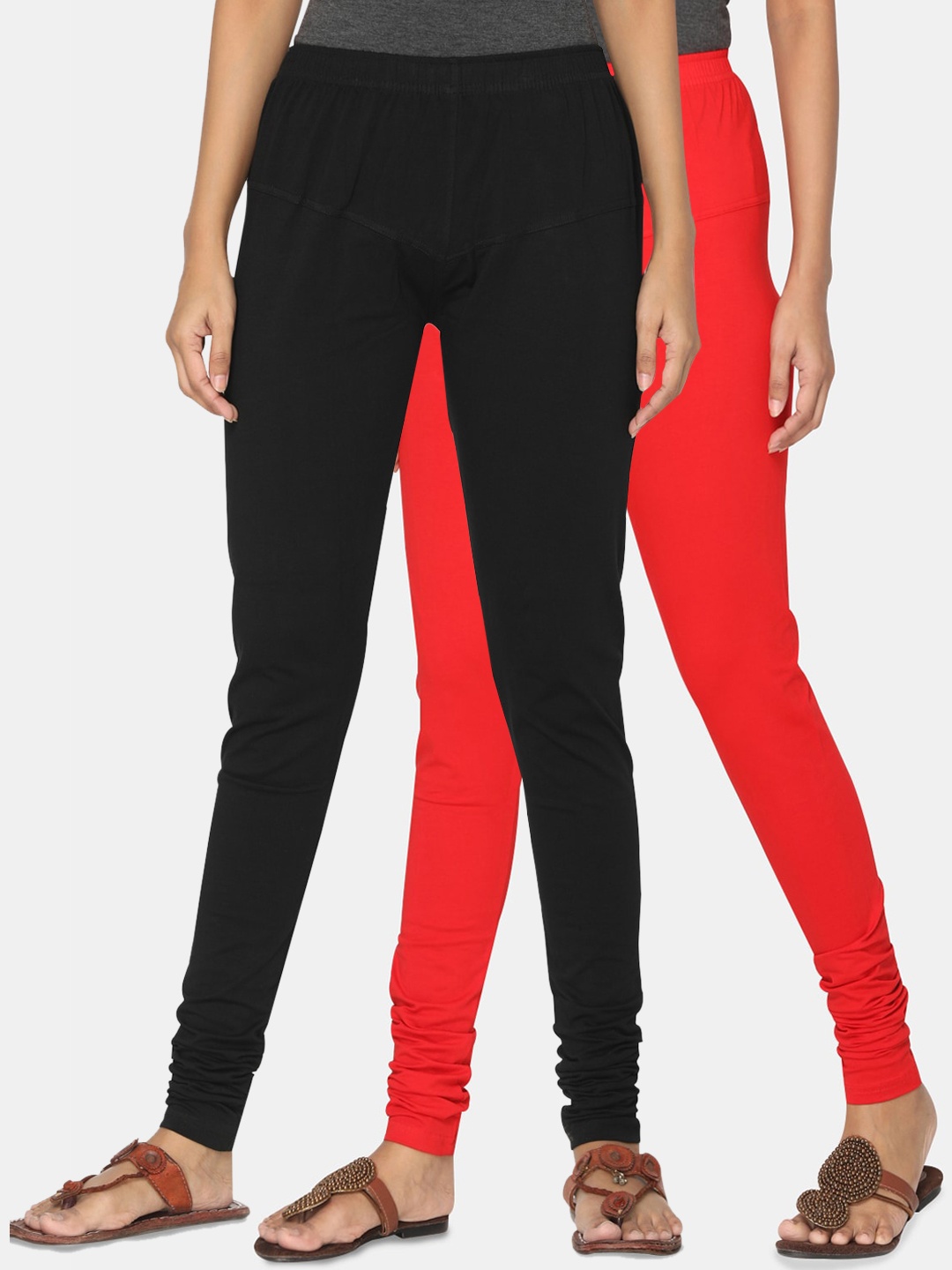 

TSG Bliss Women Pack of 2 Solid Churidar Leggings, Red