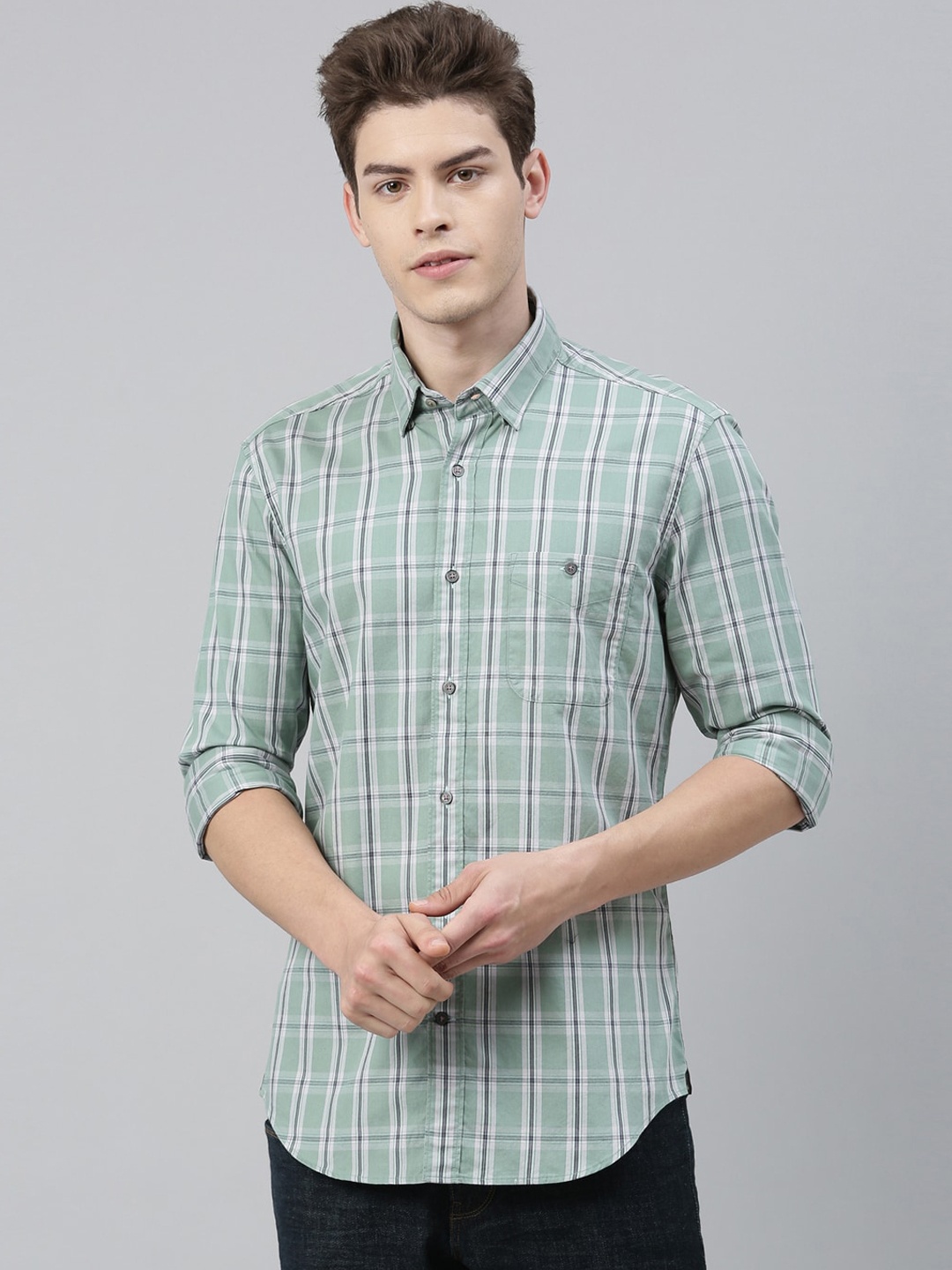 

RARE RABBIT Men Green & White Tailored Fit Solid Casual Shirt