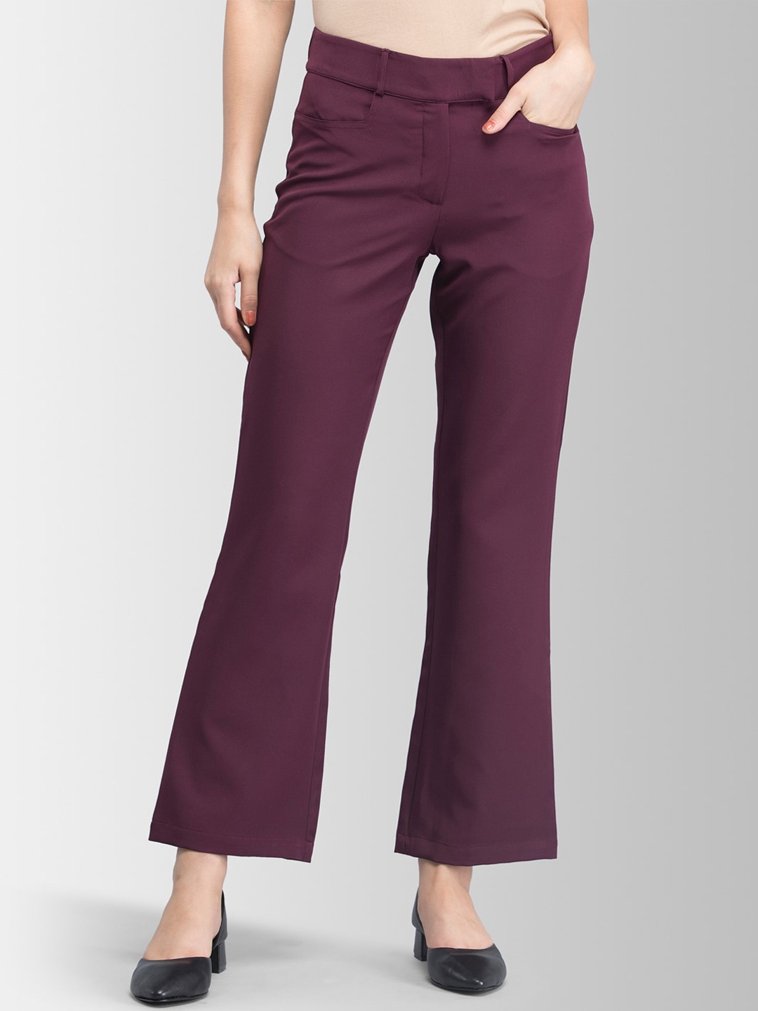 

FableStreet Women Burgundy Loose Fit Solid Bootcut Trousers