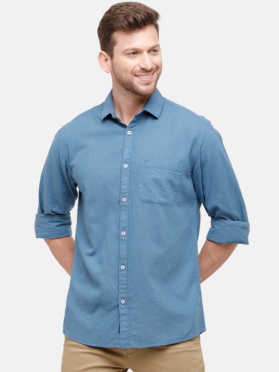 

CAVALLO by Linen Club Men Linen Cotton Blue Regular Fit Solid Casual Shirt