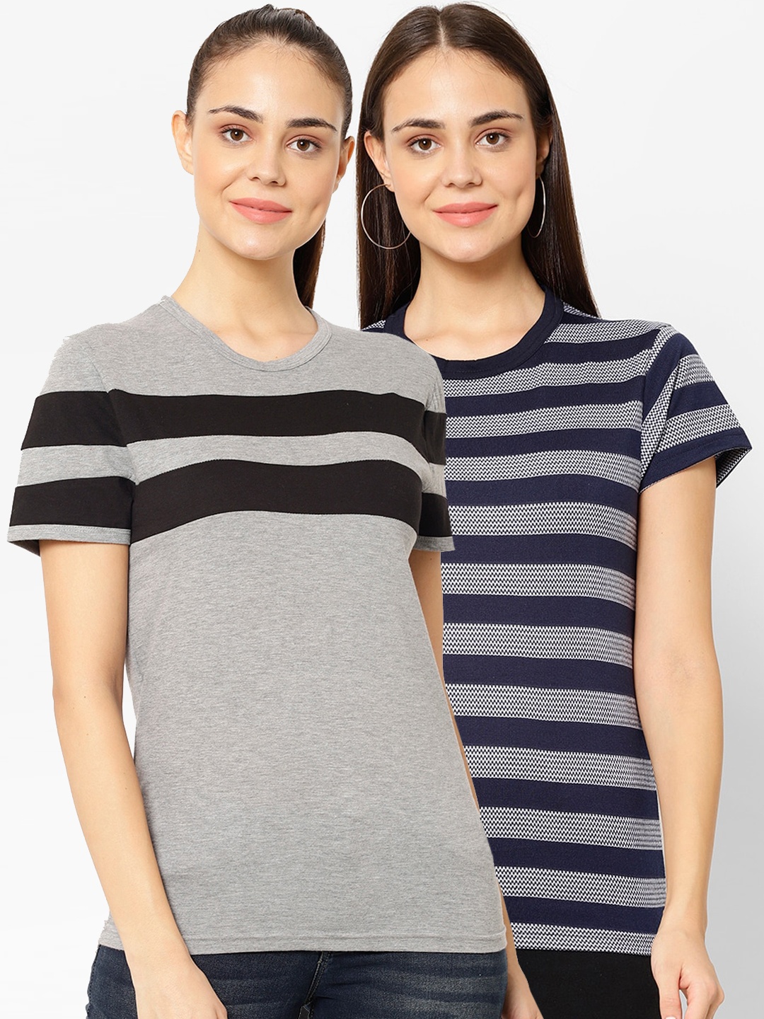MACK JONNEY Women Pack of 2 Printed T-shirts, Grey