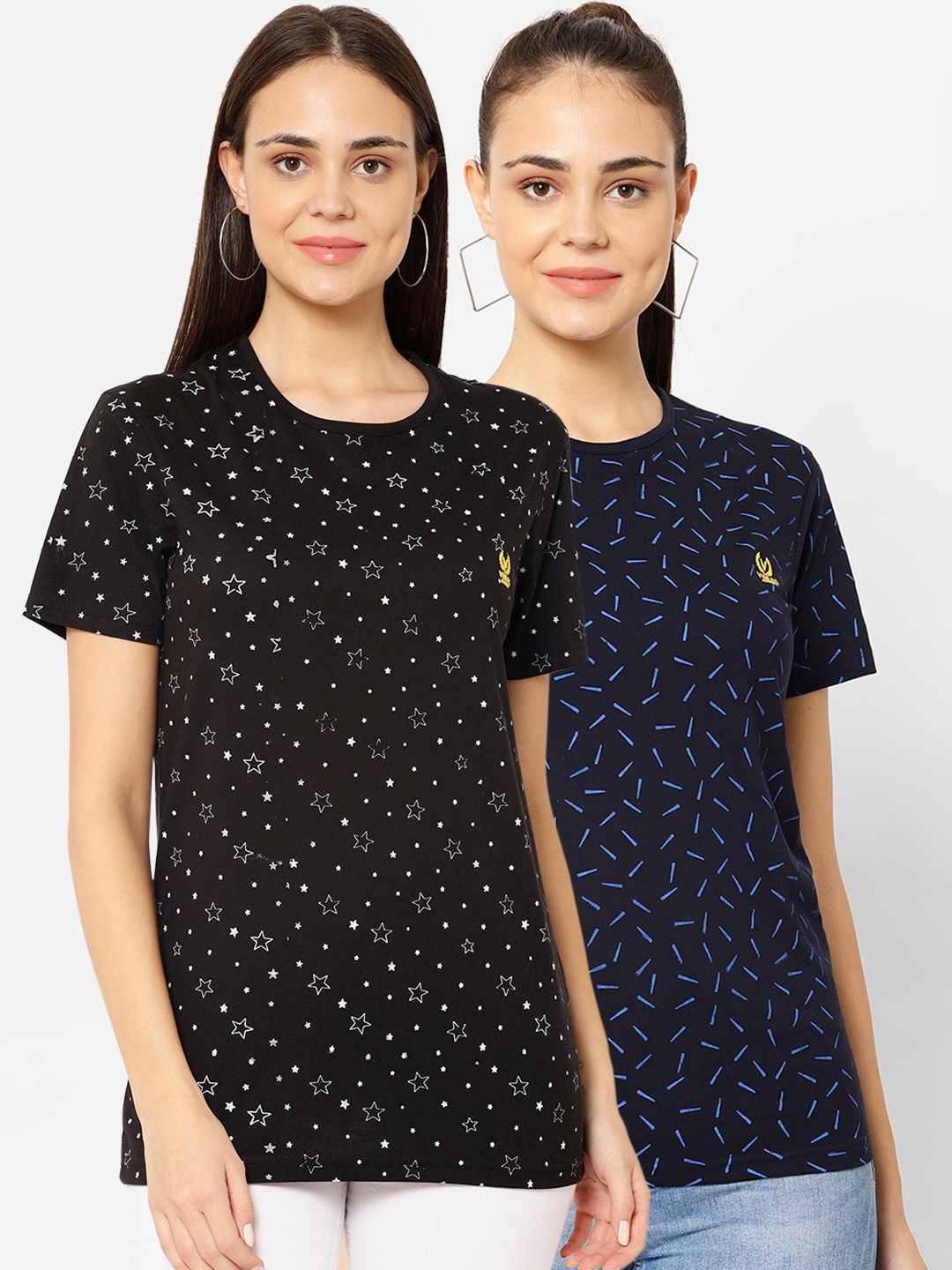 

MACK JONNEY Women Pack of 2 Printed Round Neck T-shirts, Black