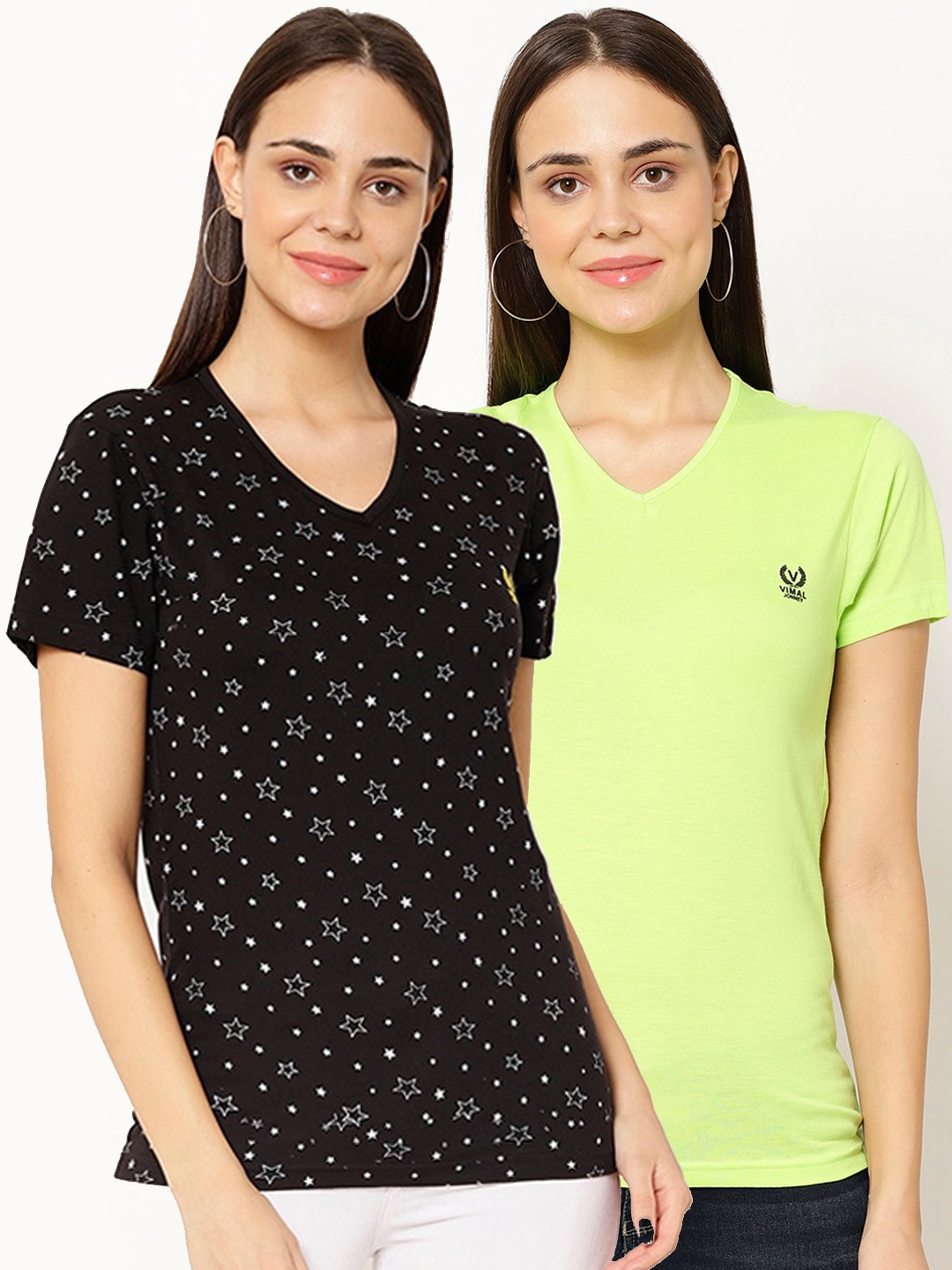 

MACK JONNEY Women Pack Of 2 Printed V-Neck T-shirt, Lime green