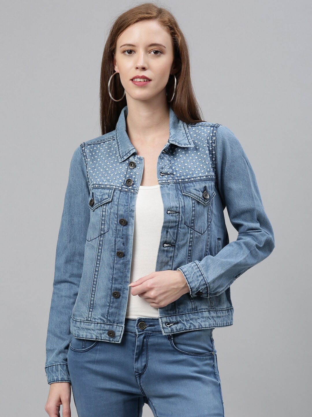 

ZHEIA Women Blue Solid Denim Jacket