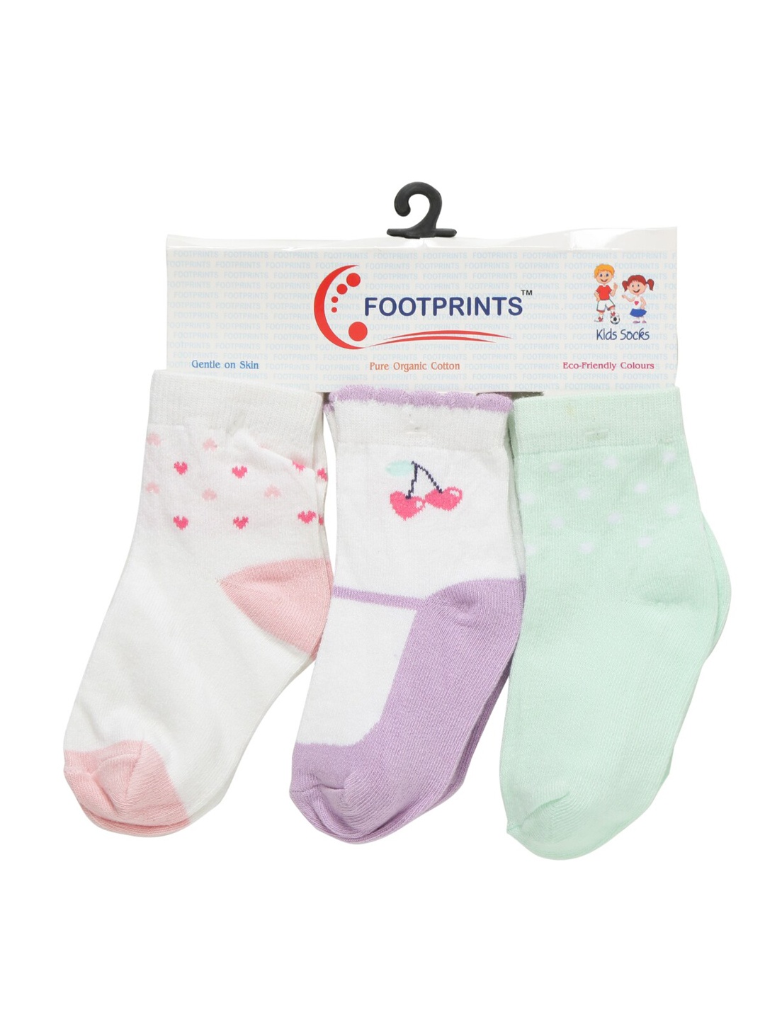 

FOOTPRINT 3 Pairs Infant Kids Patterned Ankle-Length Organic Cotton Socks, White