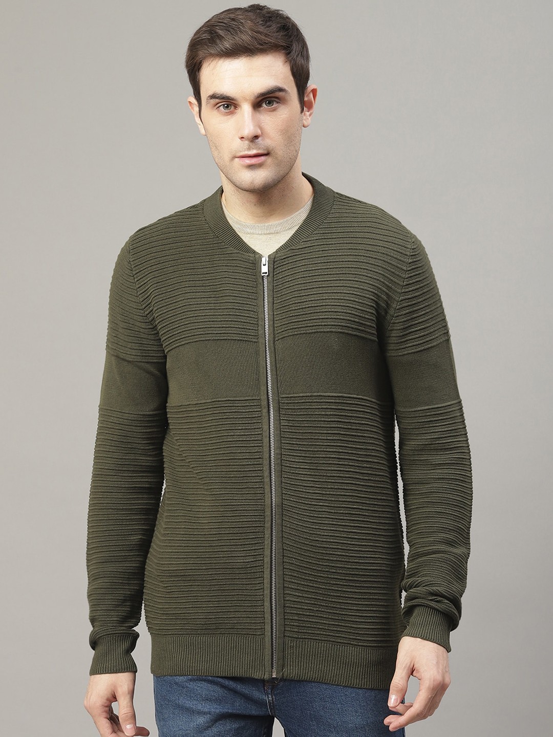 

LINDBERGH Men Olive Green Self Design Cardigan Sweater