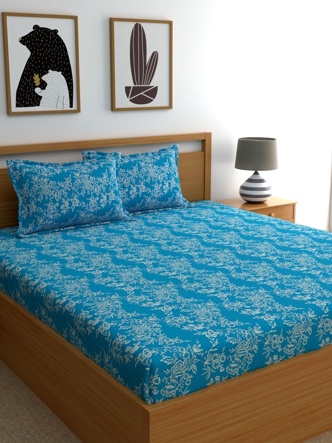 Home Ecstasy Turquoise Blue Floral 160 TC Cotton 1 Queen Bedsheet with 2 Pillow Covers